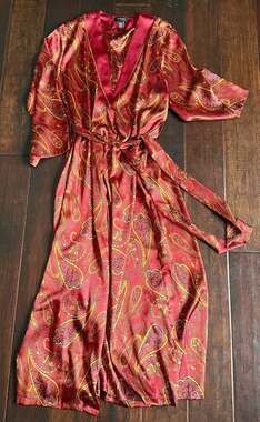 Jones New York Satin Paisley Print Long Kimono Robe with Belted Waist
